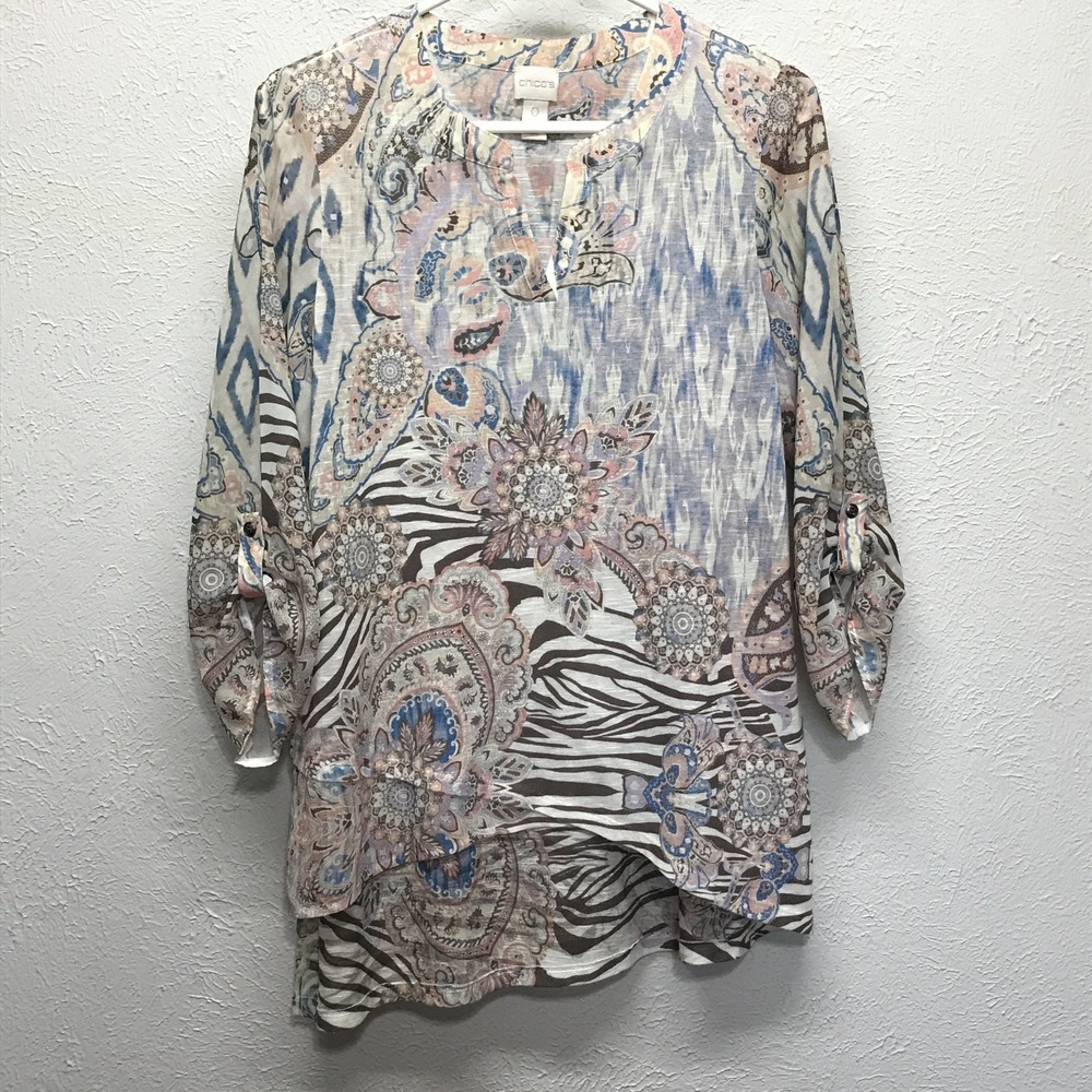 Chico's‎ Tunic Top Size 0 Small Paisley Zebra Print Asymmetrical Roll Tab Blouse